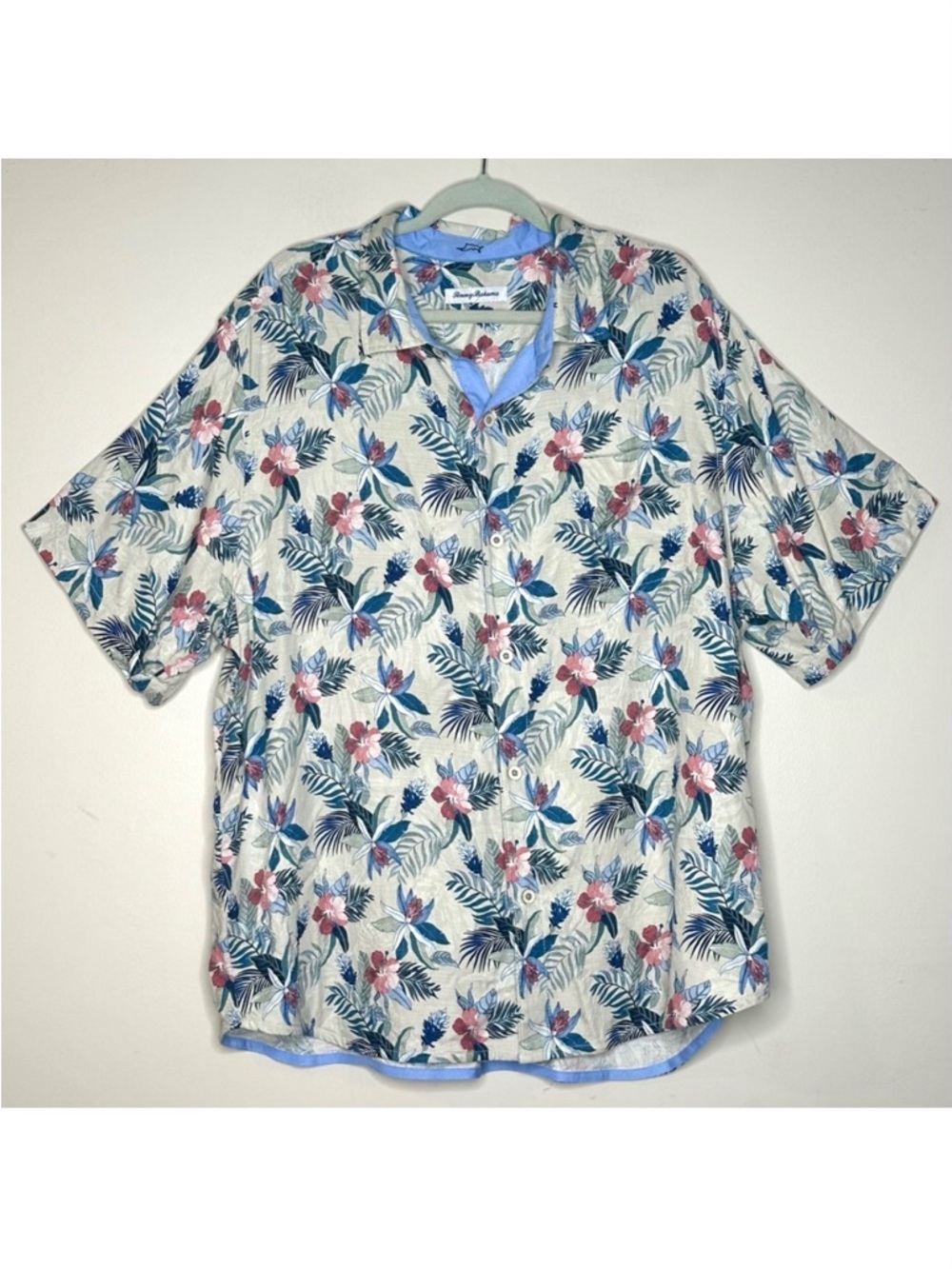 Tommy Bahama Summer Blooms Silk Camp Shirt Beige Floral Size XXL‎
